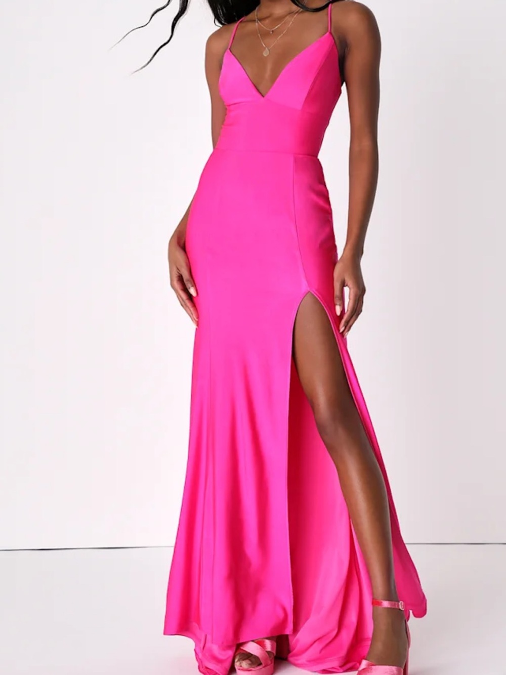 Divine Desires Hot Pink Satin Lace-Up Mermaid Maxi Dress